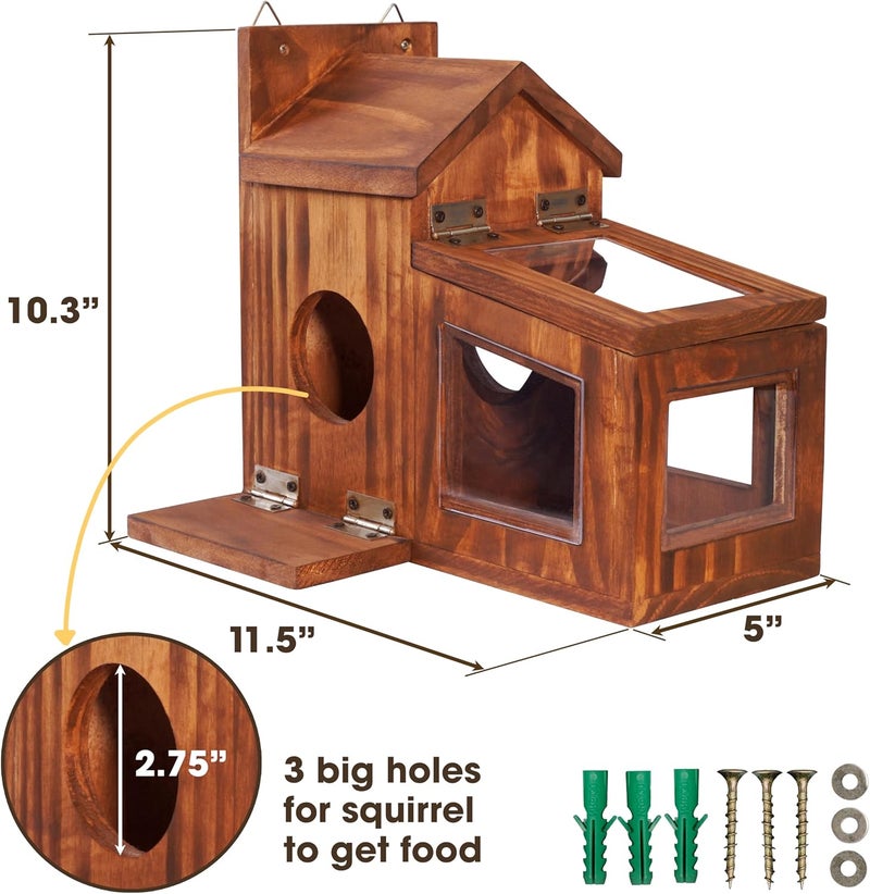 MIXUMON Wood Squirrel Feeder, Squirrel Feeders for Outside Winter, Wooden Chipmunk Feeder for Corn, Peanuts, Durable Box Easy to Fill with Removable Top Panel - Image 2
